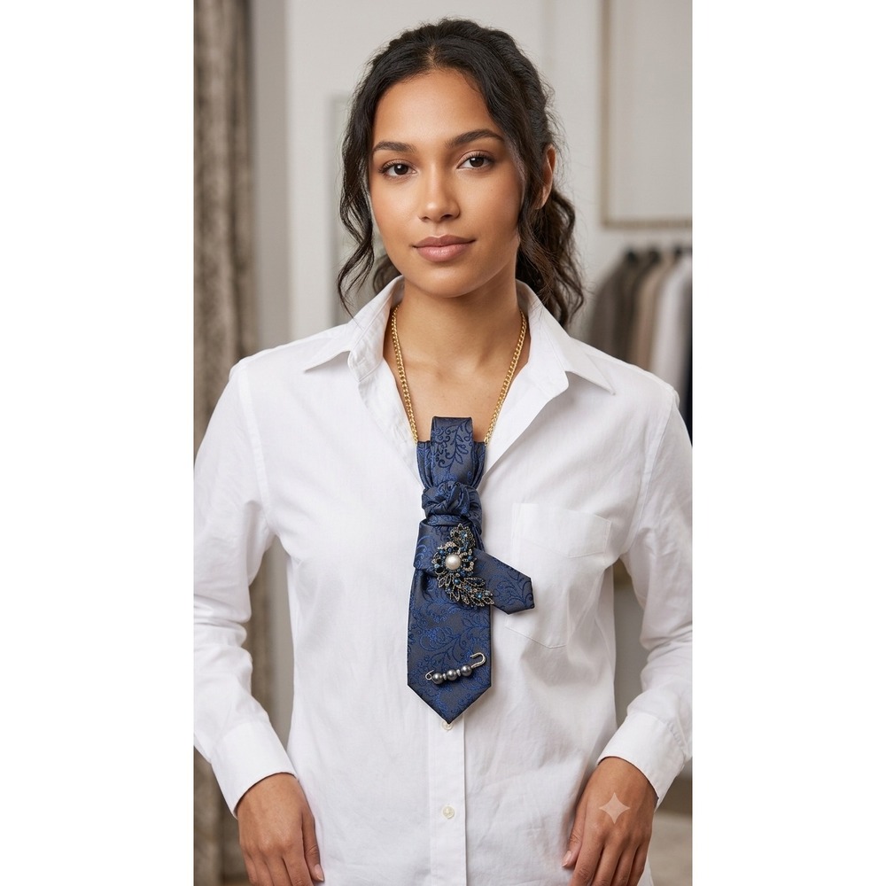 Alfani Silk Tie Statement Necklace Set Blue Floral Brooch Pearl Boho Earrings